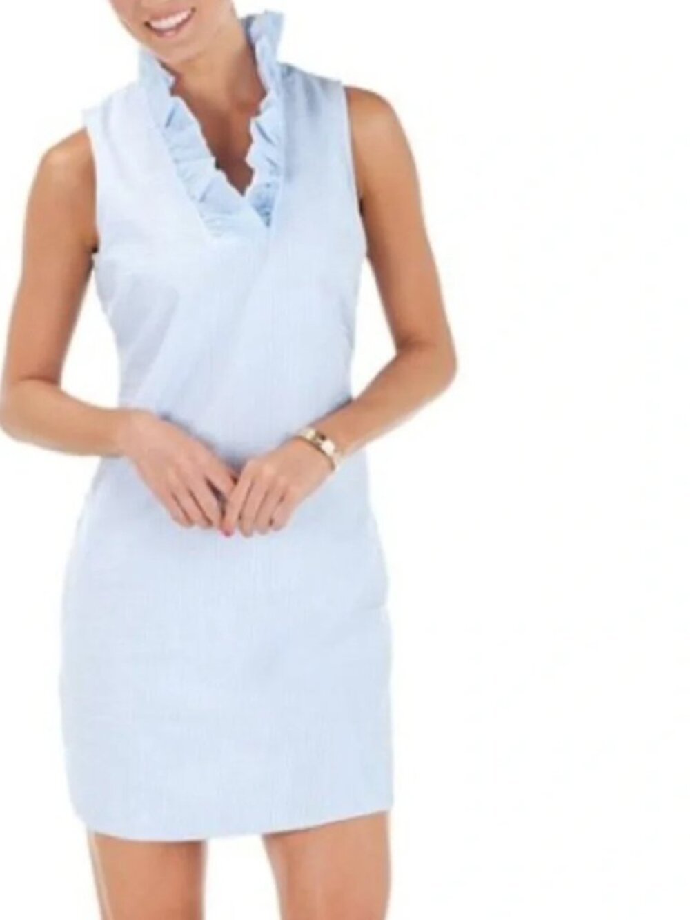 Mud Pie Sailor Seersucker Blue & White Ruffle Neck Sleeveless Mini Dress